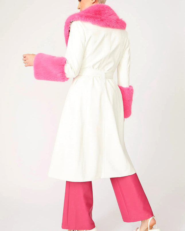 White Pink Faux Leather Winter Trench Coat with Faux Fur Collar Cuffs