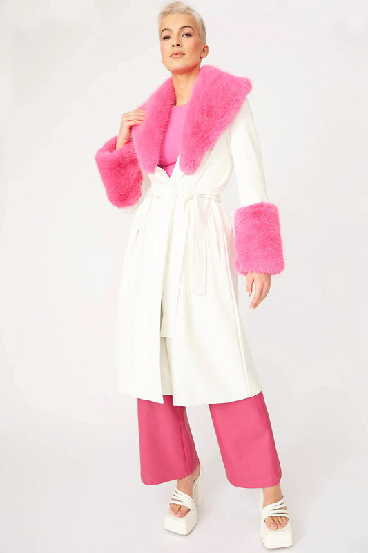 White Pink Faux Leather Trench Coat