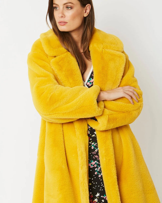 Yellow Faux Fur Midi Shearling Coat S/M L/XL - Luxurious & Warm