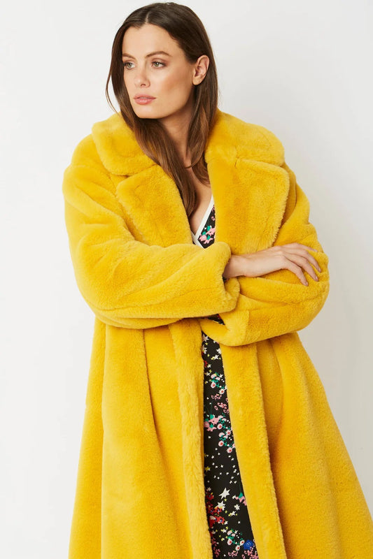 Yellow Faux Fur Midi Shearling Coat S/M L/XL - Luxurious & Warm