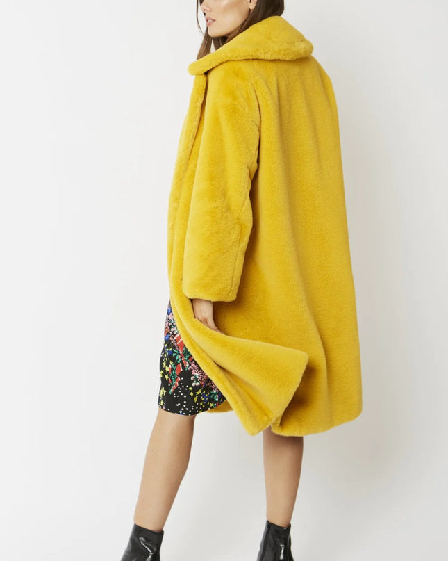 Yellow Faux Fur Midi Shearling Coat S/M L/XL - Luxurious & Warm