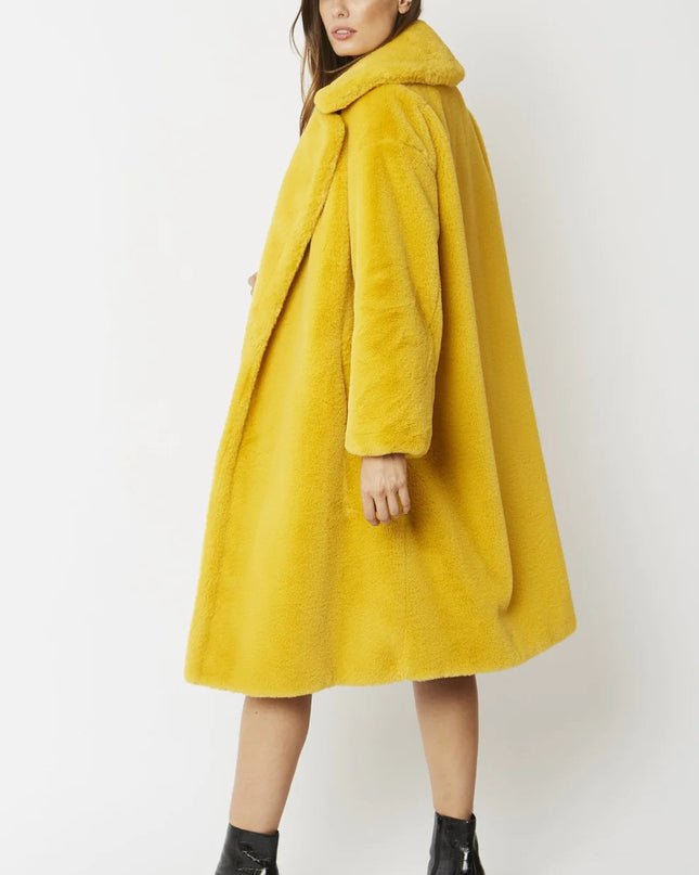 Yellow Faux Fur Midi Shearling Coat S/M L/XL - Luxurious & Warm