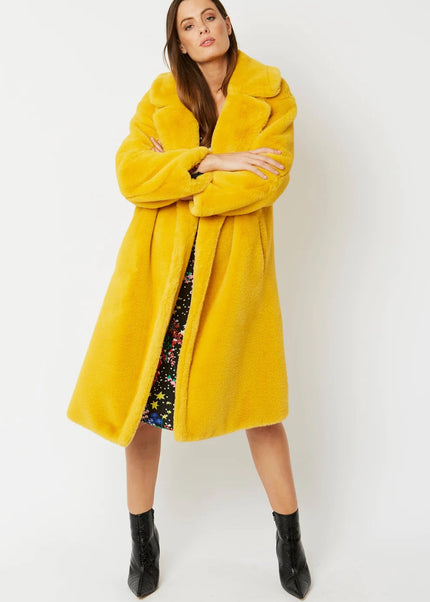 Yellow Faux Fur Midi Shearling Coat S/M L/XL - Luxurious & Warm