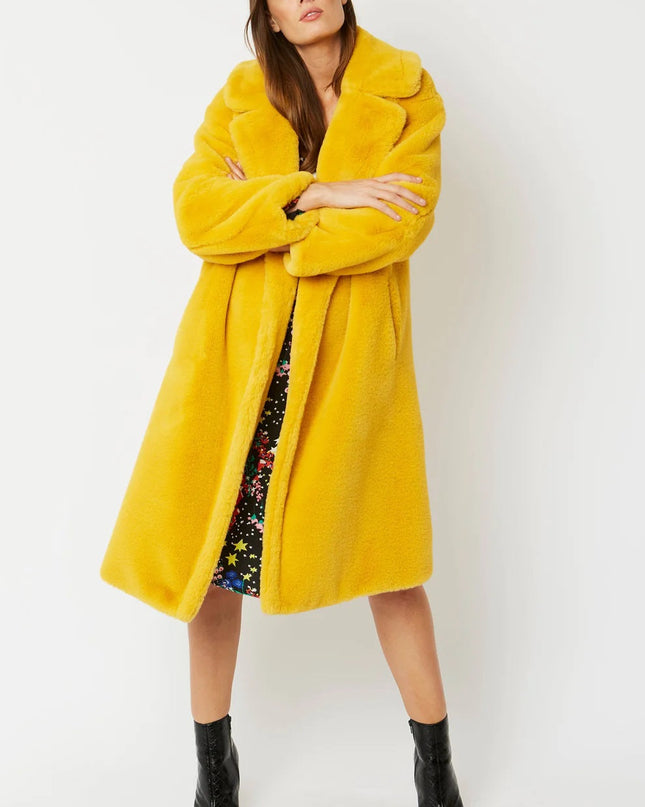 Yellow Faux Fur Midi Shearling Coat S/M L/XL - Luxurious & Warm