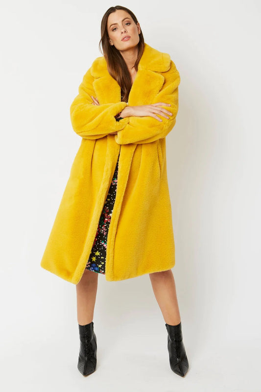 Yellow Faux Fur Midi Shearling Coat S/M L/XL - Luxurious & Warm