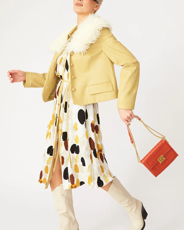 Yellow Faux Leather Jacket With Faux Shearling Collar