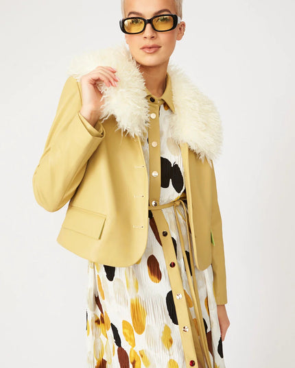 Yellow Faux Leather Jacket With Faux Shearling Collar