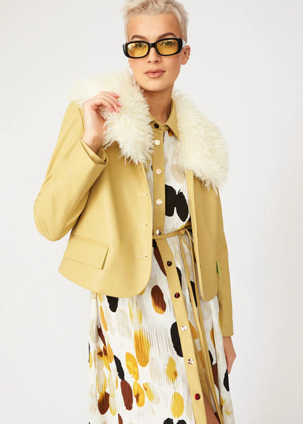 Yellow Faux Leather Jacket With Faux Shearling Collar
