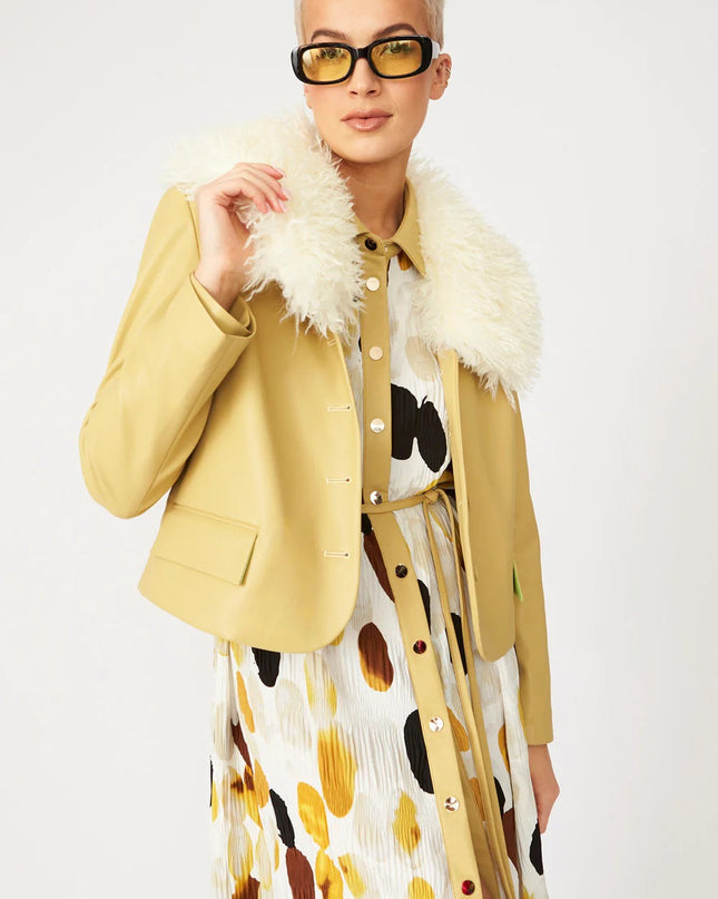 Yellow Faux Leather Jacket With Faux Shearling Collar