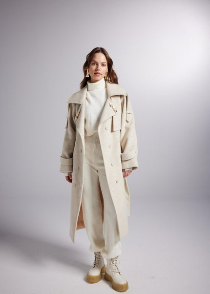 Accessorized Wool - Cashmere Maxi Coat in Woody Ecru - Trench Coats - Buy Me Fur Ltd