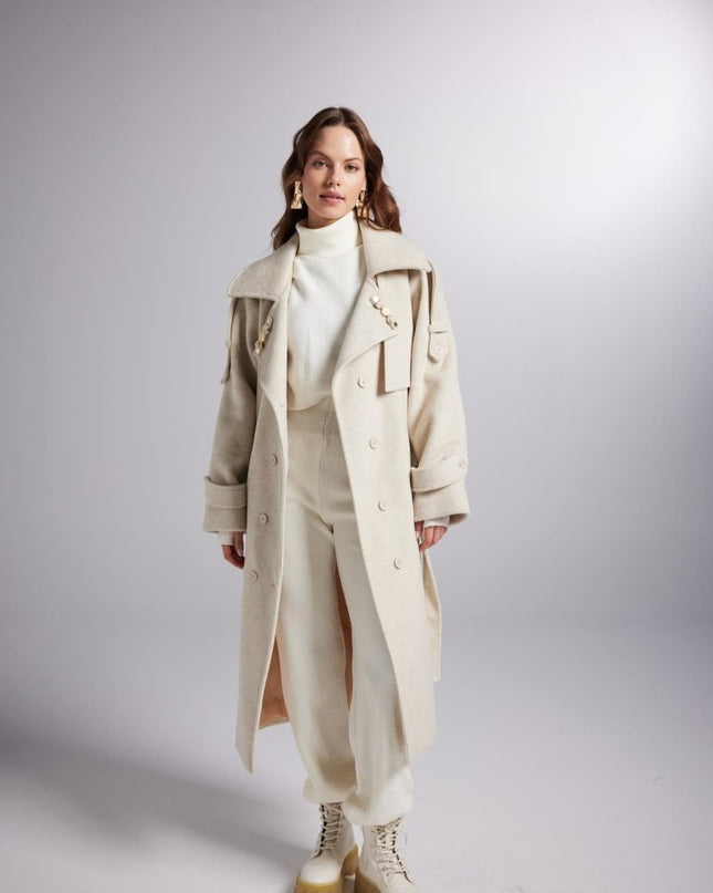 Accessorized Wool - Cashmere Maxi Coat in Woody Ecru - Trench Coats - Buy Me Fur Ltd