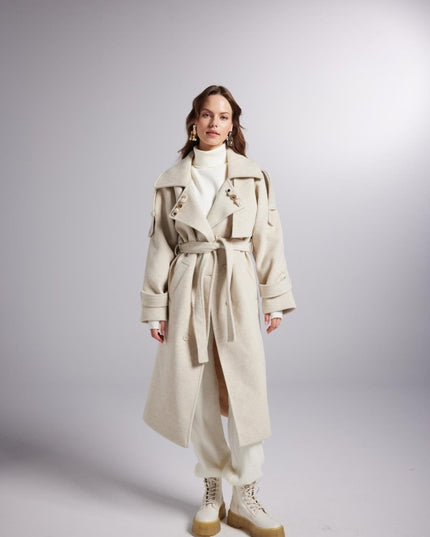 Accessorized Wool - Cashmere Maxi Coat in Woody Ecru - Trench Coats - Buy Me Fur Ltd