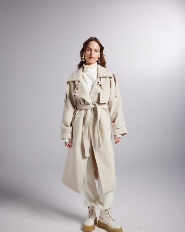 Accessorized Wool - Cashmere Maxi Coat in Woody Ecru - Trench Coats - Buy Me Fur Ltd