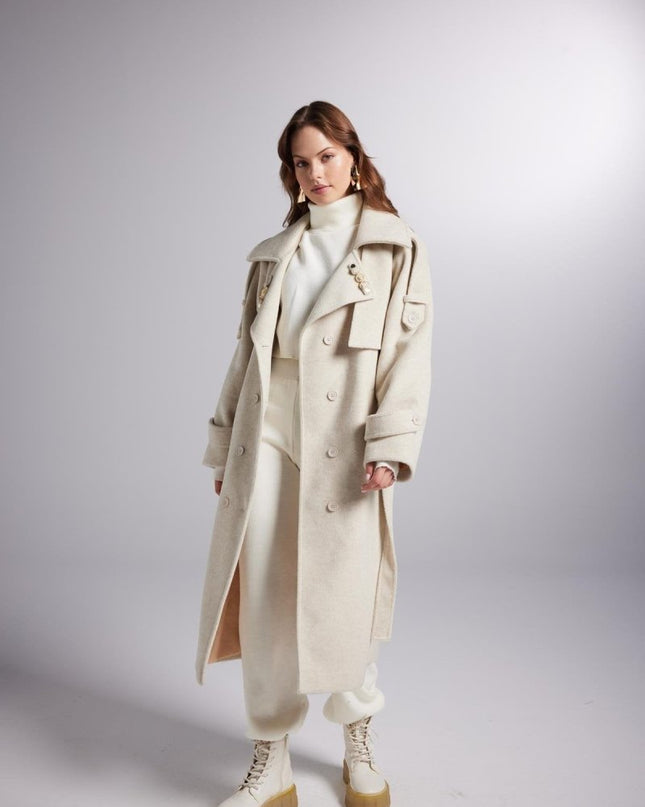 Accessorized Wool - Cashmere Maxi Coat in Woody Ecru - Trench Coats - Buy Me Fur Ltd