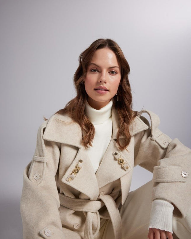 Accessorized Wool - Cashmere Maxi Coat in Woody Ecru - Trench Coats - Buy Me Fur Ltd