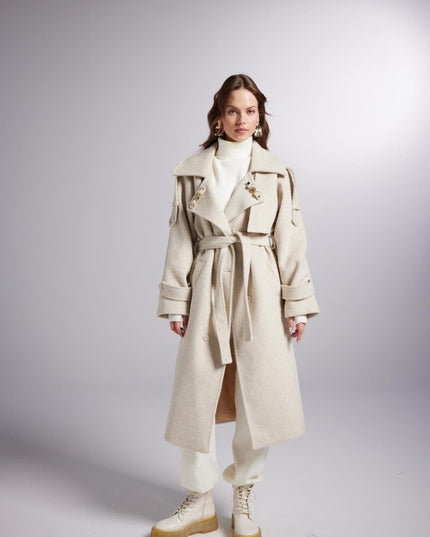 Accessorized Wool - Cashmere Maxi Coat in Woody Ecru - Trench Coats - Buy Me Fur Ltd