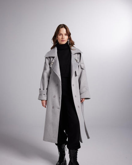 Accessorized Wool - Cashmere Maxi Coat – Woody Grey - Trench Coats - Buy Me Fur Ltd