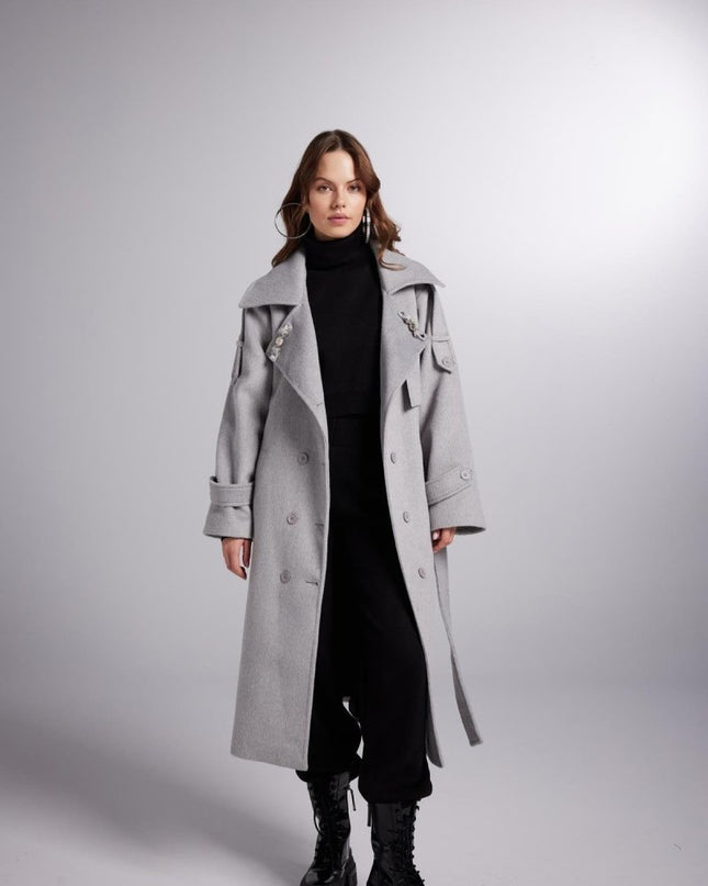 Accessorized Wool - Cashmere Maxi Coat – Woody Grey - Trench Coats - Buy Me Fur Ltd