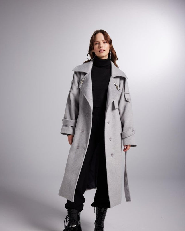 Accessorized Wool - Cashmere Maxi Coat – Woody Grey - Trench Coats - Buy Me Fur Ltd