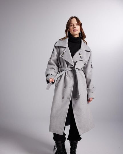 Accessorized Wool - Cashmere Maxi Coat – Woody Grey - Trench Coats - Buy Me Fur Ltd