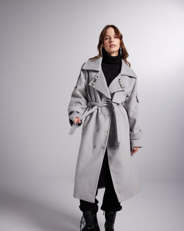 Accessorized Wool - Cashmere Maxi Coat – Woody Grey - Trench Coats - Buy Me Fur Ltd