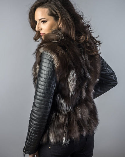 Arctic Fox Fur Brown Leather Jacket - Genuine Lamb Nappa Coat - Fur Jackets - Buy Me Fur Ltd