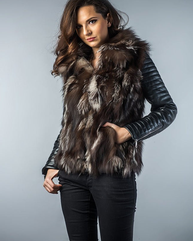 Arctic Fox Fur Brown Leather Jacket - Genuine Lamb Nappa Coat - Fur Jackets - Buy Me Fur Ltd