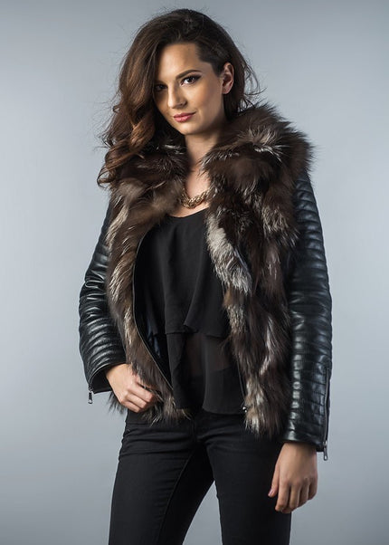 Arctic Fox Fur Brown Leather Jacket - Genuine Lamb Nappa Coat - Fur Jackets - Buy Me Fur Ltd