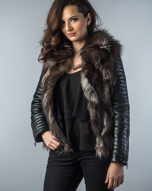 Arctic Fox Fur Brown Leather Jacket - Genuine Lamb Nappa Coat - Fur Jackets - Buy Me Fur Ltd