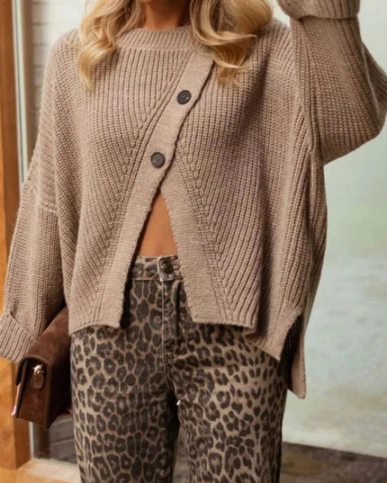 Asymmetrical Button Detail Sweater - Trendsi