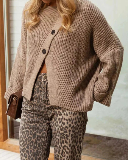 Asymmetrical Button Detail Sweater - Trendsi