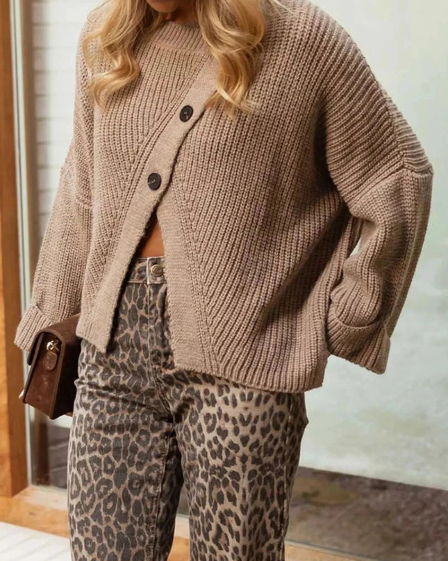 Asymmetrical Button Detail Sweater - Trendsi