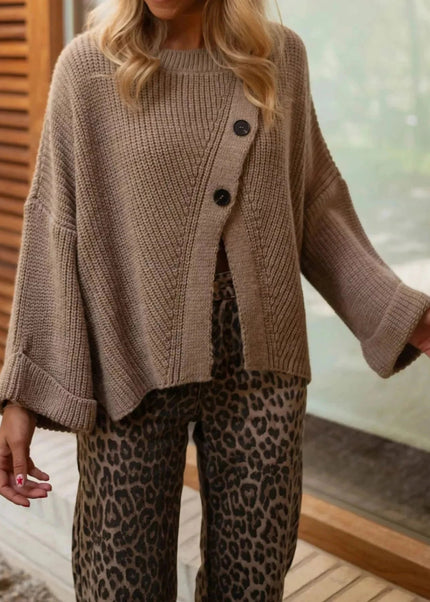 Asymmetrical Button Detail Sweater - Trendsi