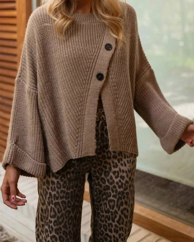 Asymmetrical Button Detail Sweater - Trendsi