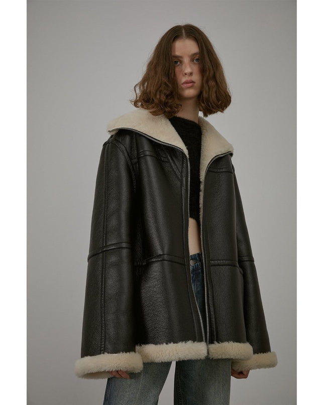 “August Night” Reversible Wool & Shearling Jacket – Oversized Lapel Outerwear - Shearling Coat - Firelady Fur