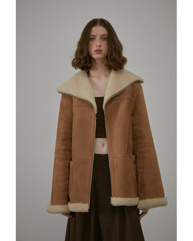“August Night” Reversible Wool & Shearling Jacket – Oversized Lapel Outerwear - Shearling Coat - Firelady Fur