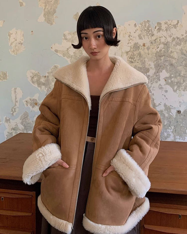 “August Night” Reversible Wool & Shearling Jacket – Oversized Lapel Outerwear - Shearling Coat - Firelady Fur