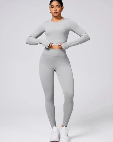 Back Crisscross Round Neck Long Sleeve Top and Leggings Active Set - Trendsi