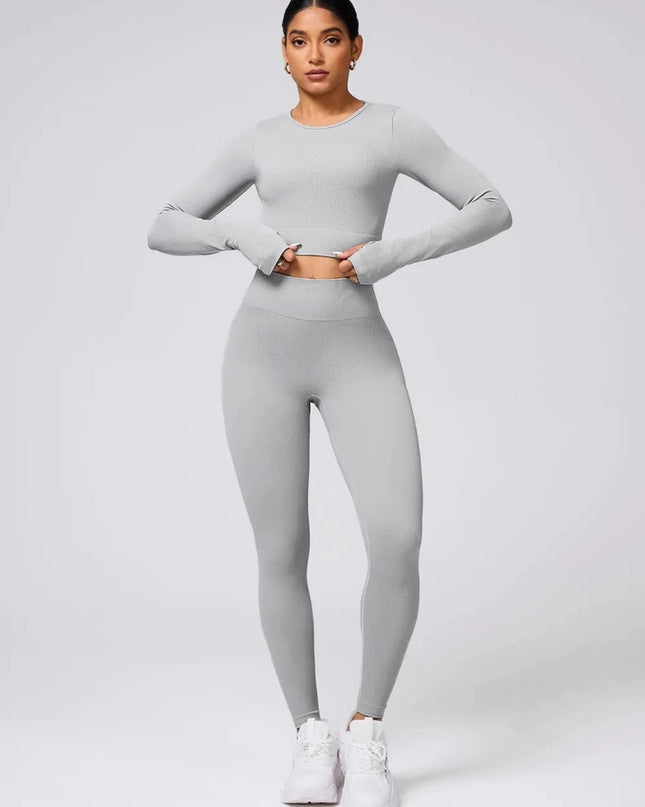 Back Crisscross Round Neck Long Sleeve Top and Leggings Active Set - Trendsi