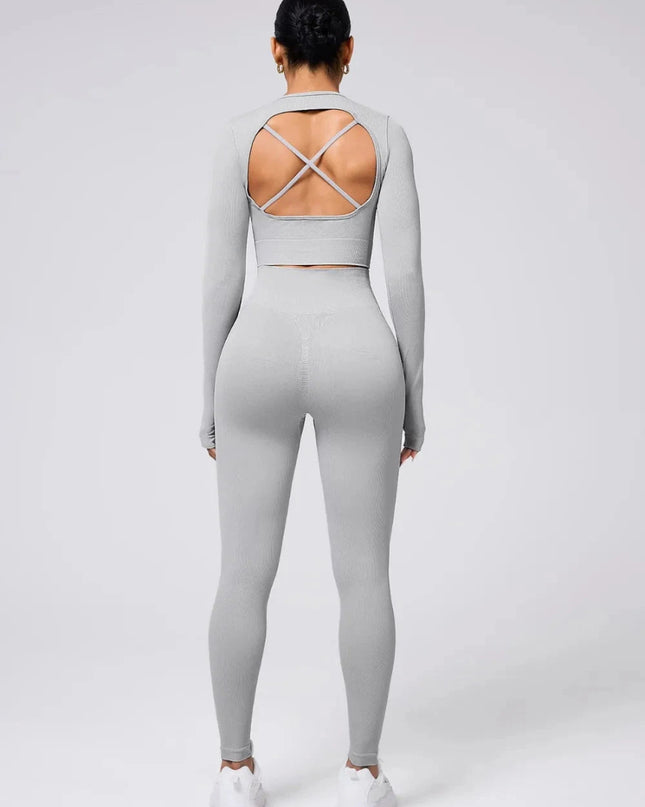 Back Crisscross Round Neck Long Sleeve Top and Leggings Active Set - Trendsi