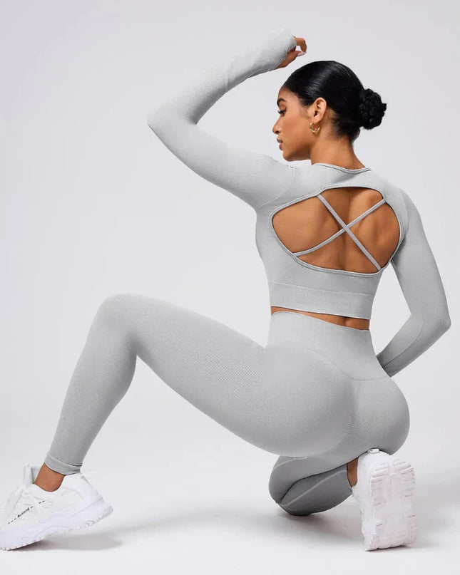 Back Crisscross Round Neck Long Sleeve Top and Leggings Active Set - Trendsi