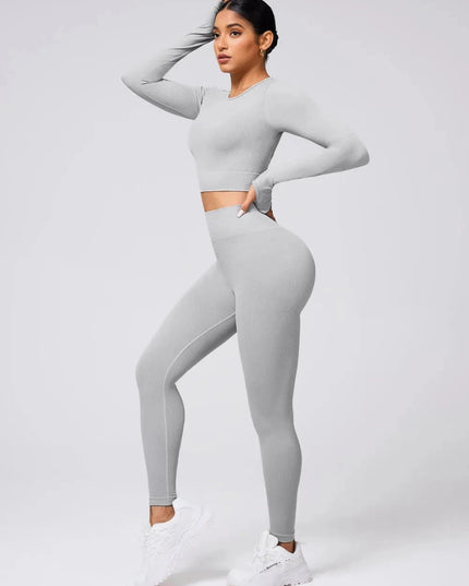 Back Crisscross Round Neck Long Sleeve Top and Leggings Active Set - Trendsi