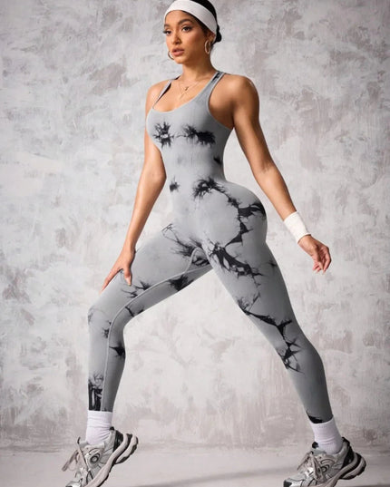 Back Crisscross Tie - Dye Scoop Neck Active Jumpsuit - Trendsi