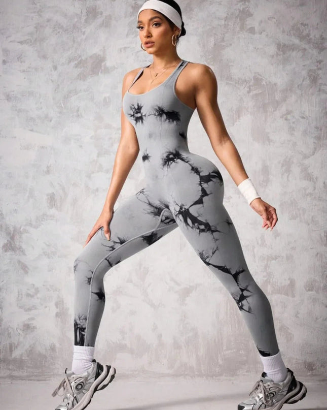 Back Crisscross Tie - Dye Scoop Neck Active Jumpsuit - Trendsi