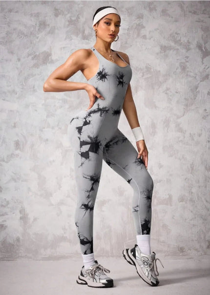 Back Crisscross Tie - Dye Scoop Neck Active Jumpsuit - Trendsi