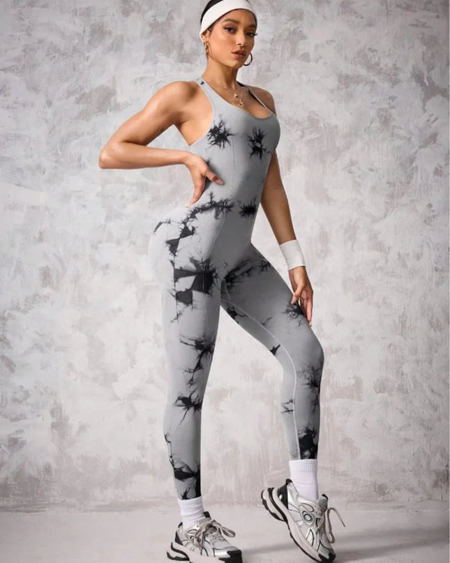 Back Crisscross Tie - Dye Scoop Neck Active Jumpsuit - Trendsi