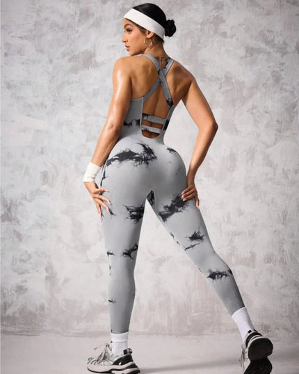 Back Crisscross Tie - Dye Scoop Neck Active Jumpsuit - Trendsi