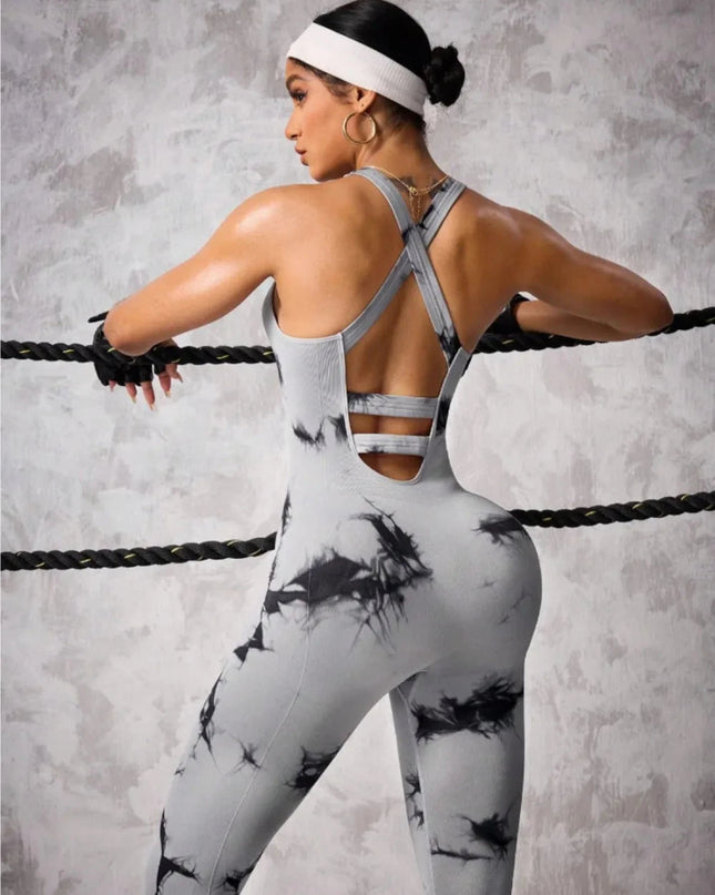 Back Crisscross Tie - Dye Scoop Neck Active Jumpsuit - Trendsi