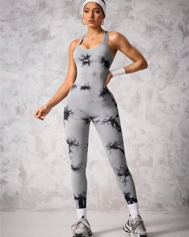 Back Crisscross Tie - Dye Scoop Neck Active Jumpsuit - Trendsi