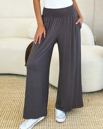 Basic Bae Full Size Smocked Wide Waistband Wide Leg Pants - Trendsi